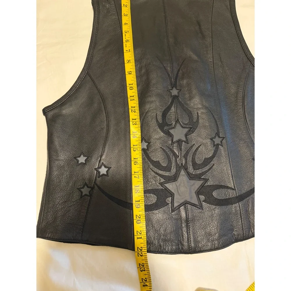 First Classics Black‎ Leather Motorcycle Vest Star Tribal Embroidery L 580 Mens